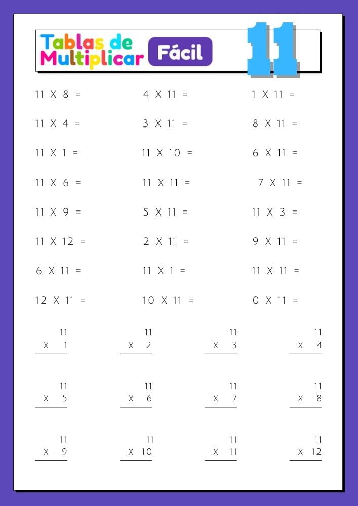 Imágenes con ejercicios para imprimir de la tabla del 11